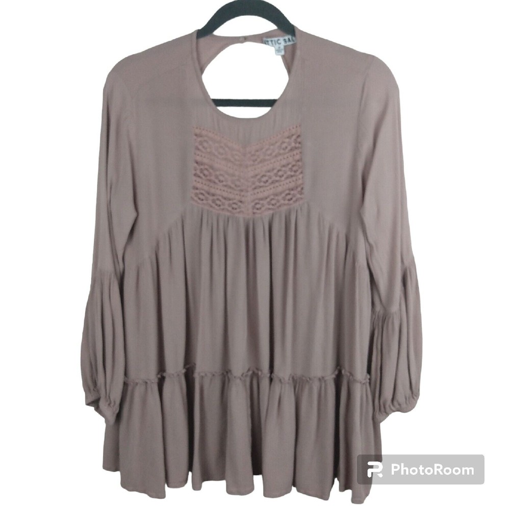 Attic Salt Womens long sleeve boho crochet pleated pink tunic blouse Medium